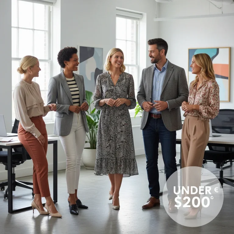 Professionals in stylish, affordable work attire in a modern office setting, showcasing a budget work wardrobe.