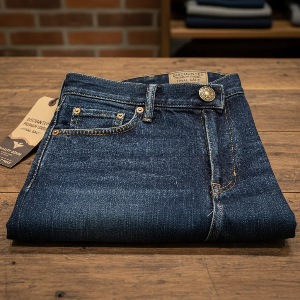 Close-up of quality denim stitching and fabric on affordable jeans
