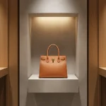 Elegant minimalist retail display with a neutral-toned luxury handbag, reflecting quiet luxury.