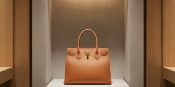 Elegant minimalist retail display with a neutral-toned luxury handbag, reflecting quiet luxury.