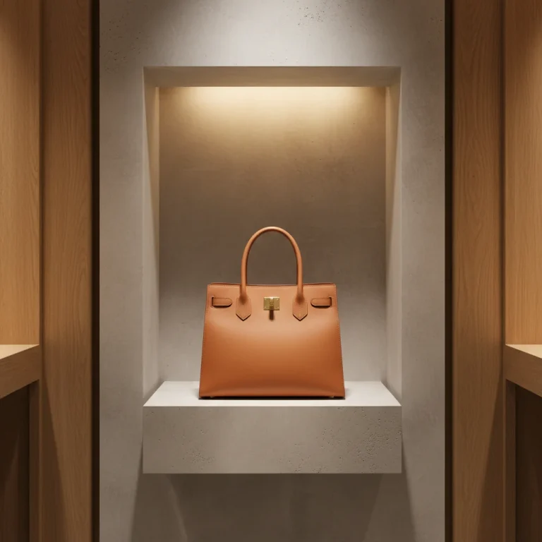 Elegant minimalist retail display with a neutral-toned luxury handbag, reflecting quiet luxury.