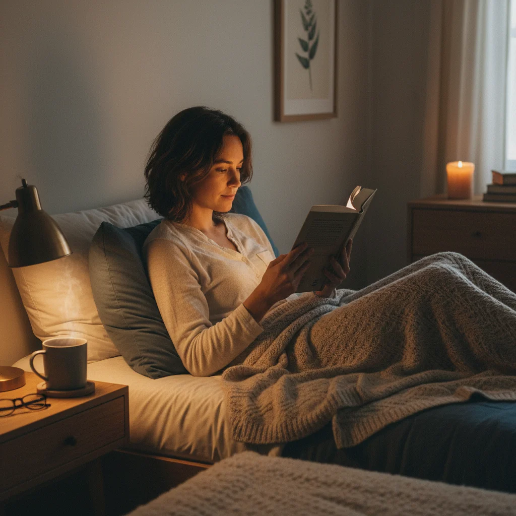 Person reading a book before sleep, no screens