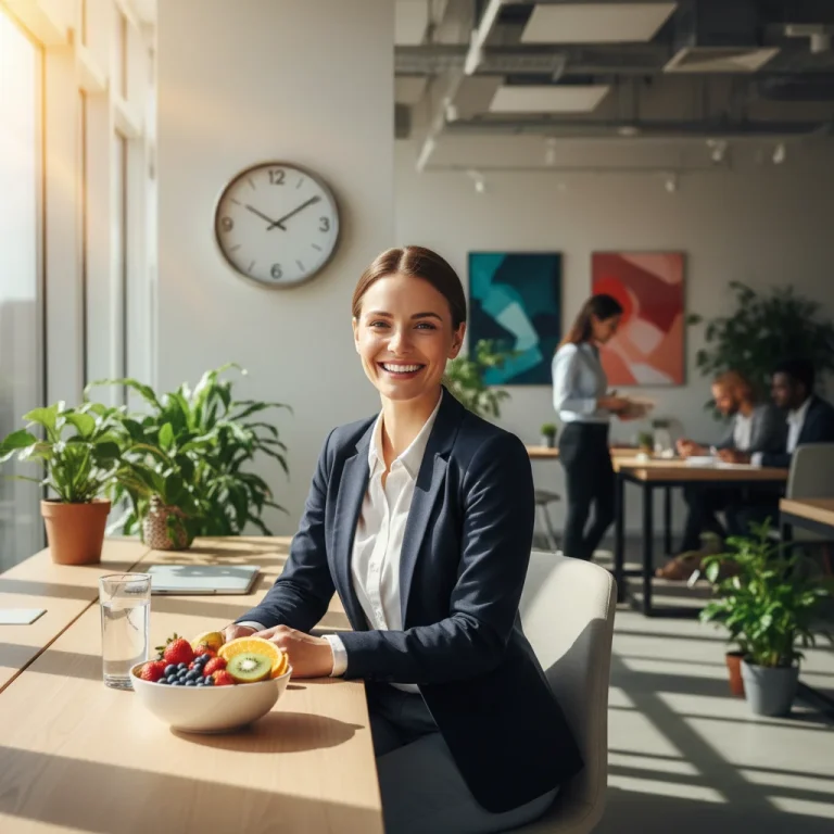 Refreshed person working productively in the afternoon with natural light and healthy snacks.