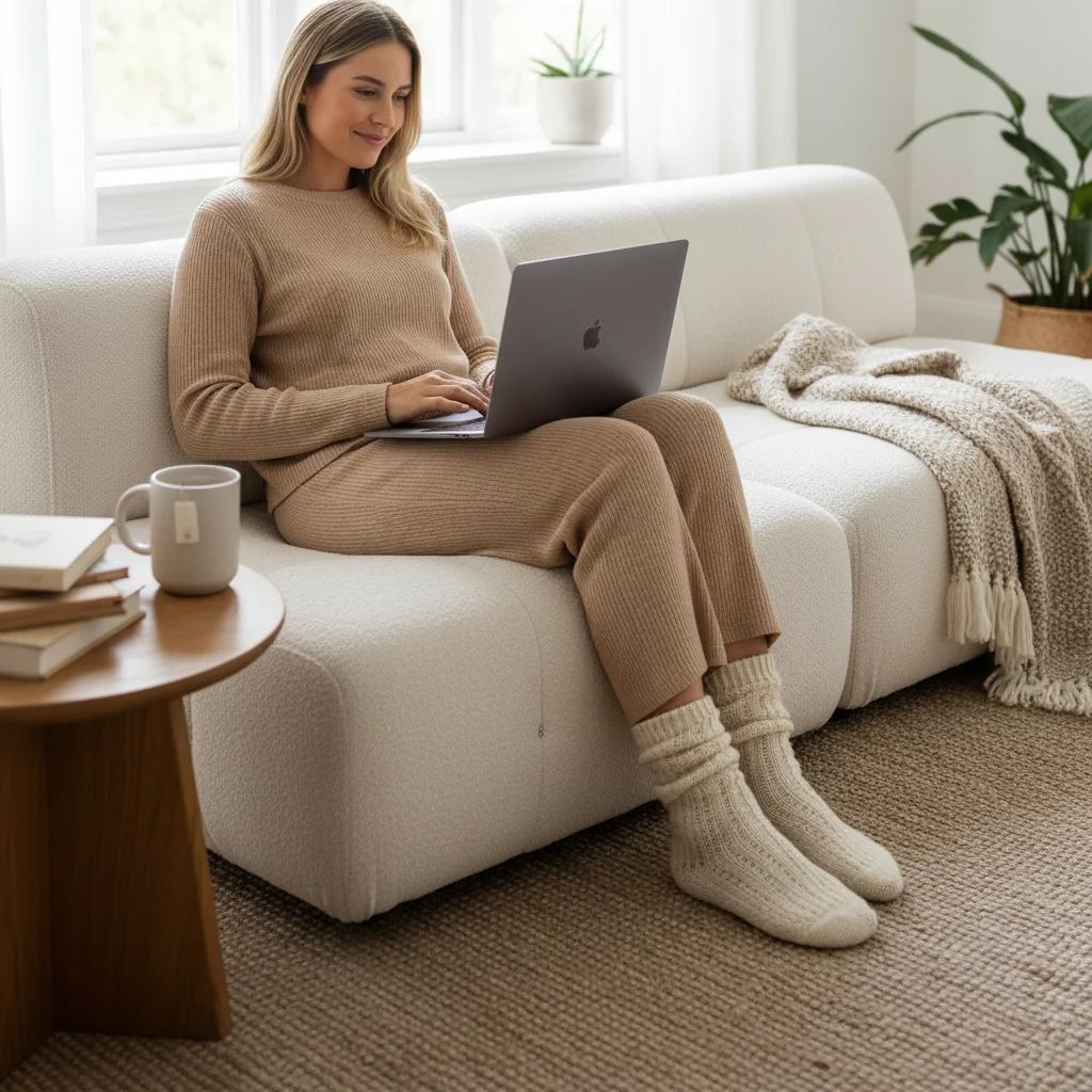 Person in comfortable loungewear working on a laptop on a sofa