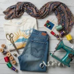 Creative display of old clothes and crafting tools for repurposing projects