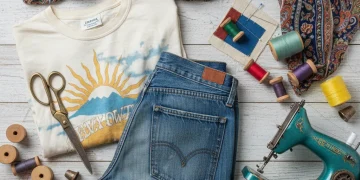 Creative display of old clothes and crafting tools for repurposing projects