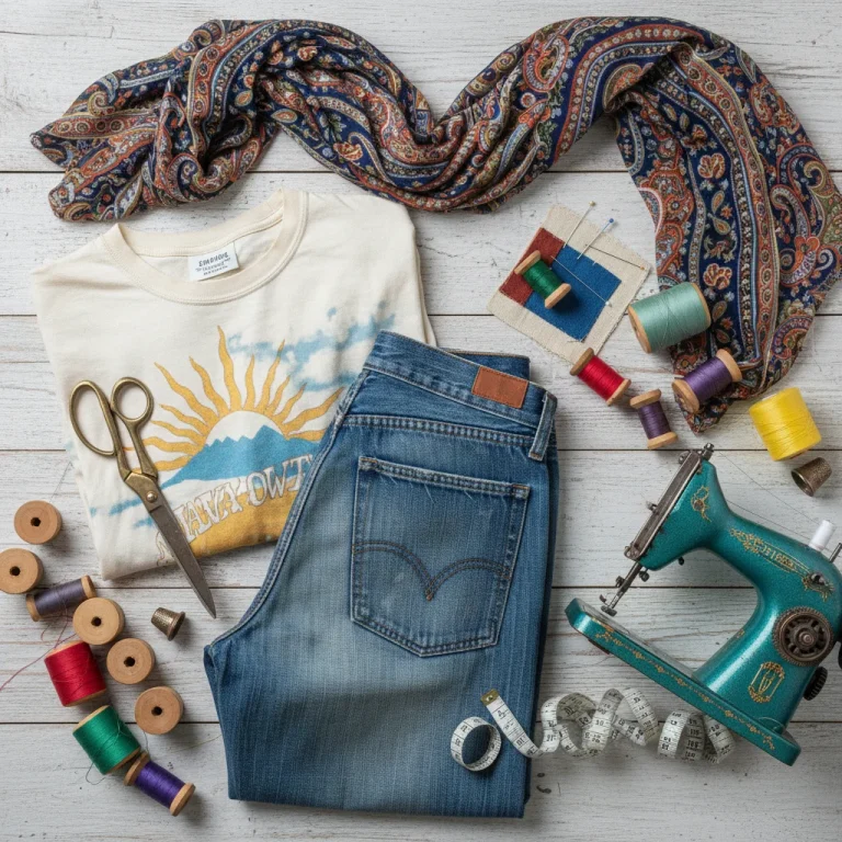 Creative display of old clothes and crafting tools for repurposing projects