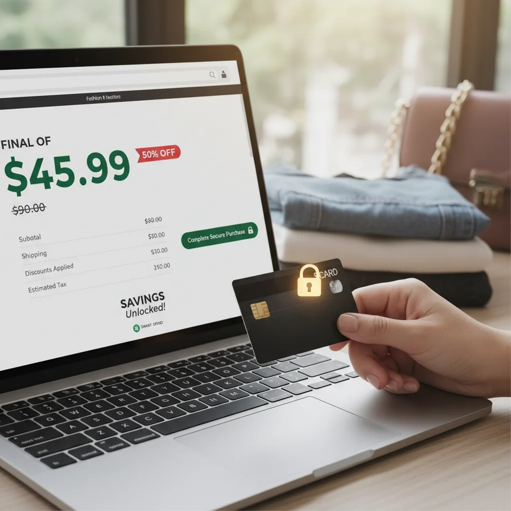 Hand with credit card completing a secure online budget fashion purchase.