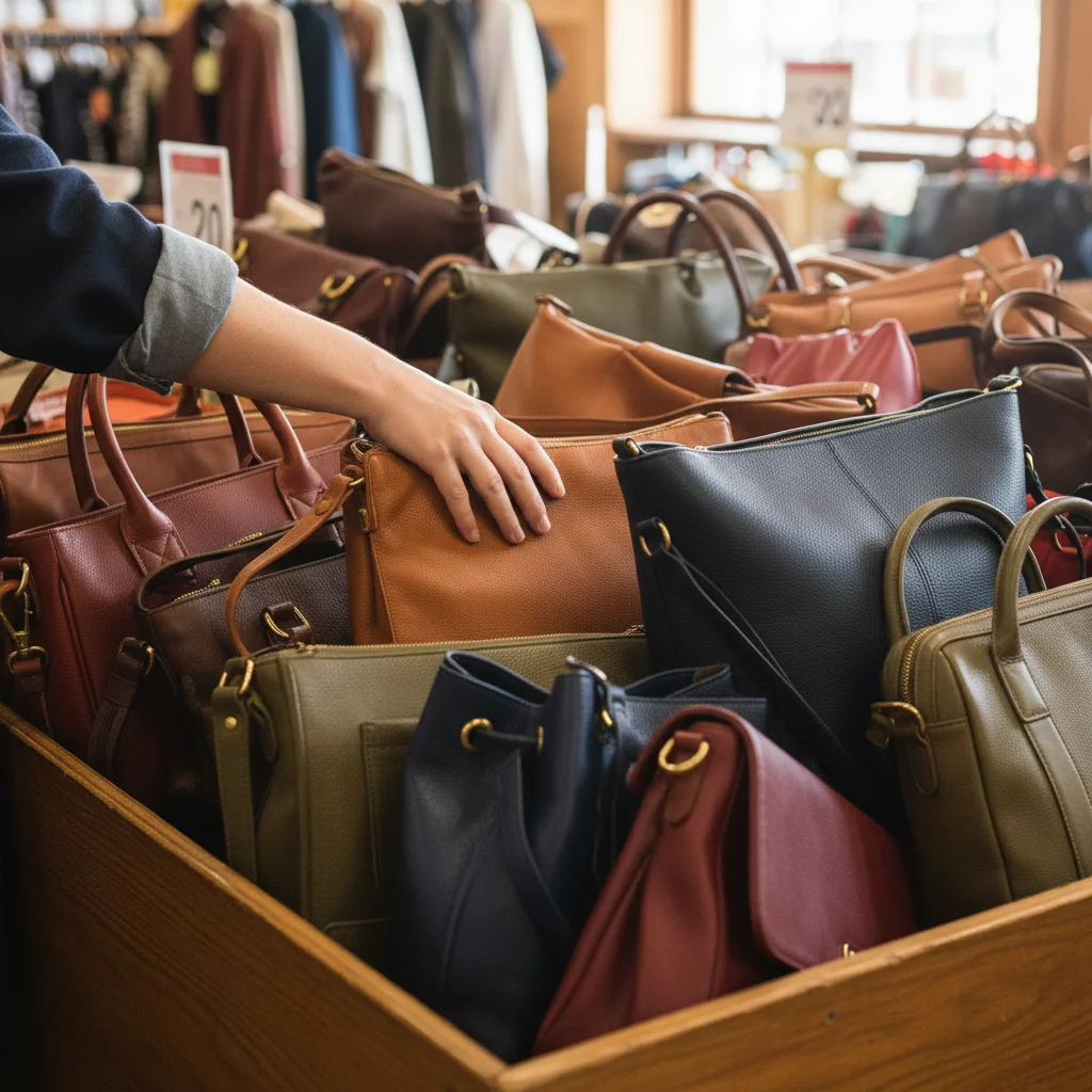 Hand selecting a vintage leather handbag from a diverse collection in a thrift store bin.