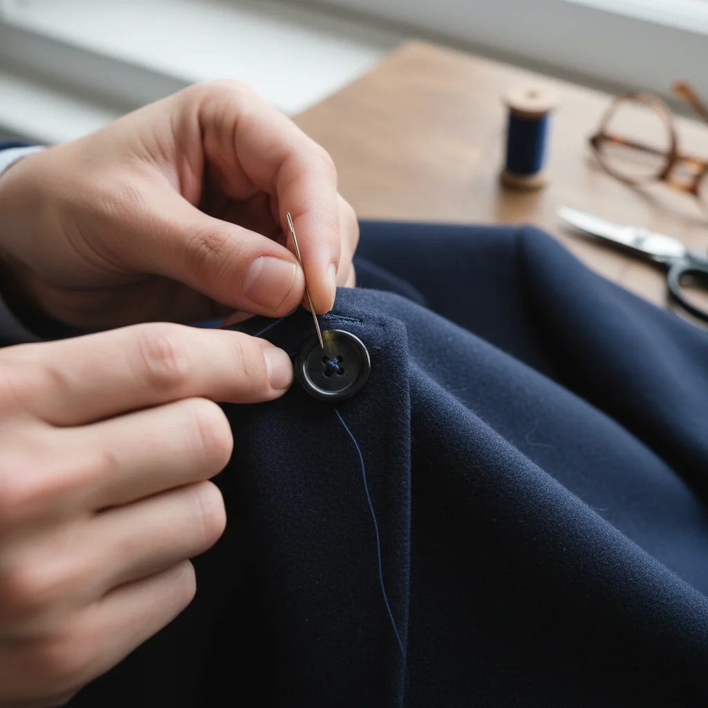 Hands sewing a high-quality button onto a blazer for a refined finish