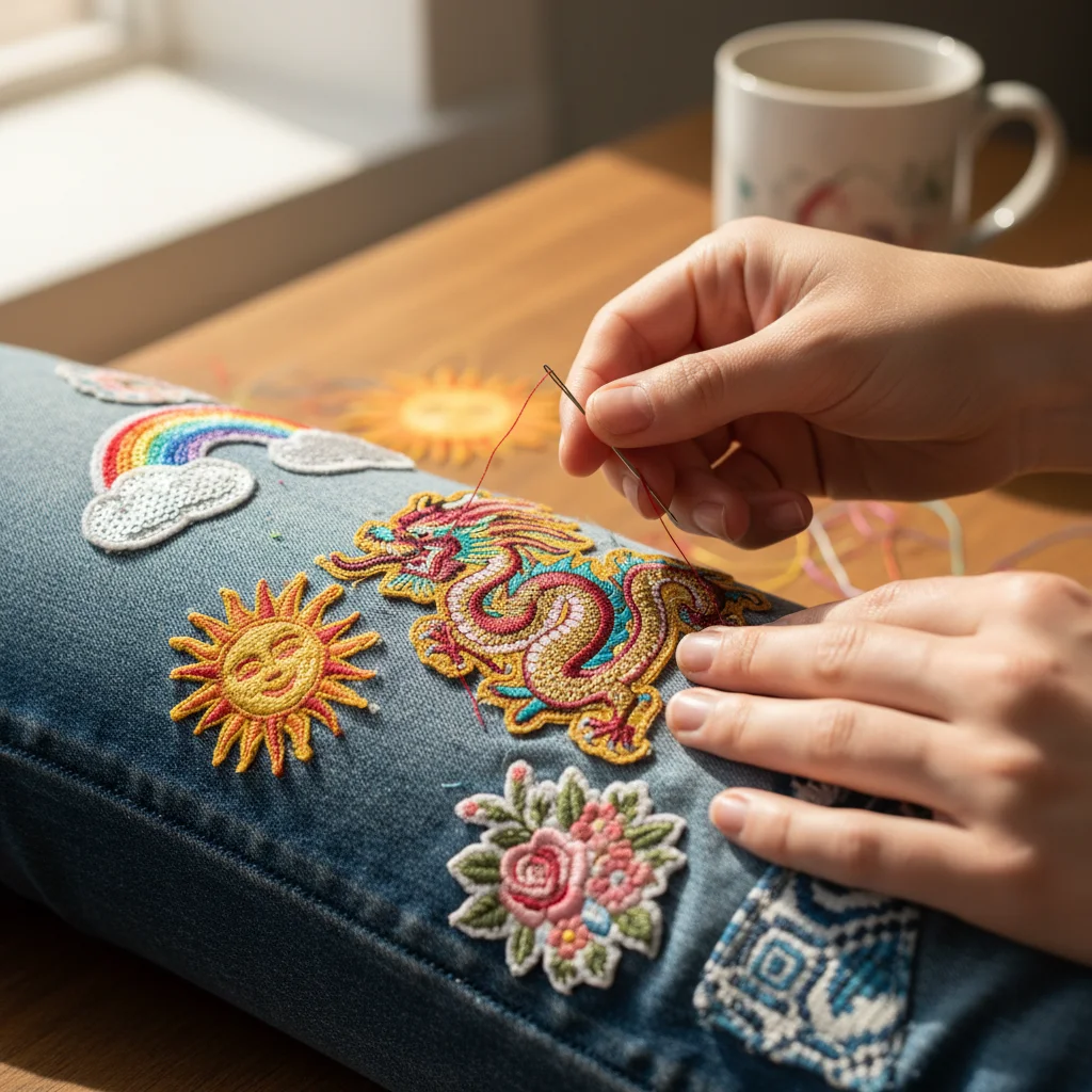 Hands sewing colorful patches onto denim jeans for a DIY fashion makeover