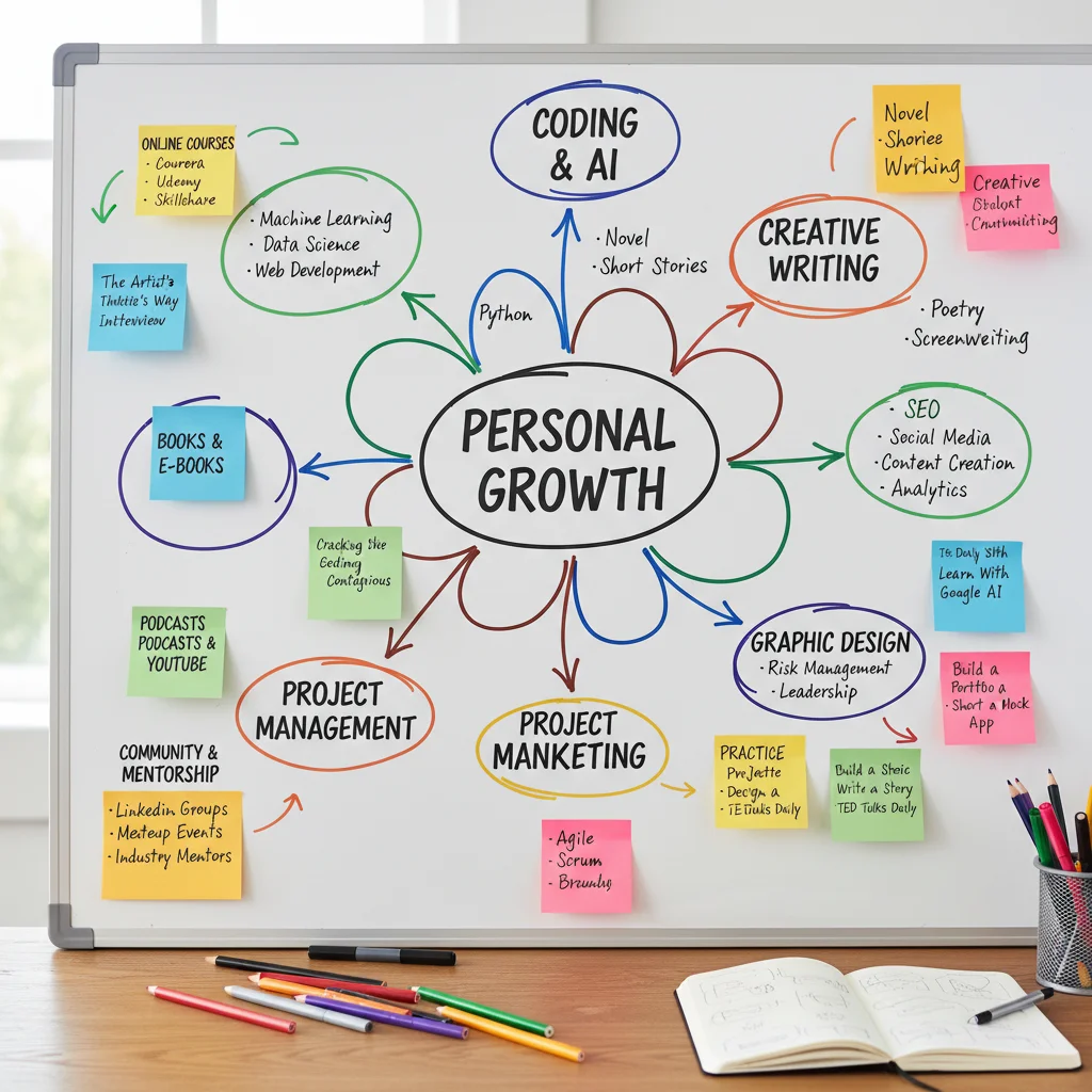 Mind map showing diverse skill ideas and learning methods for challenge planning.