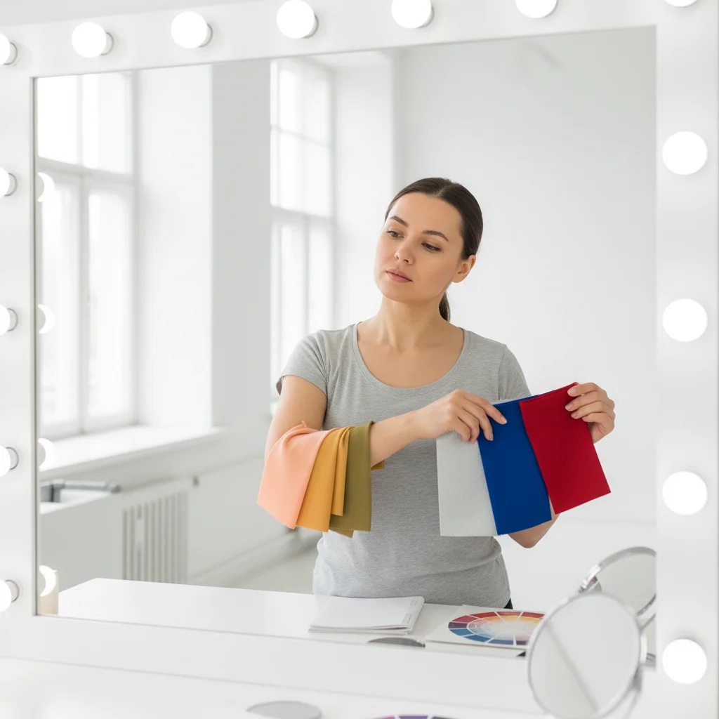 Person assessing their skin undertone with fabric swatches for color analysis