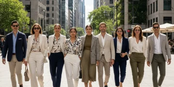 Stylish people in smart casual outfits walking in a modern US city street, embodying 2026 fashion trends.