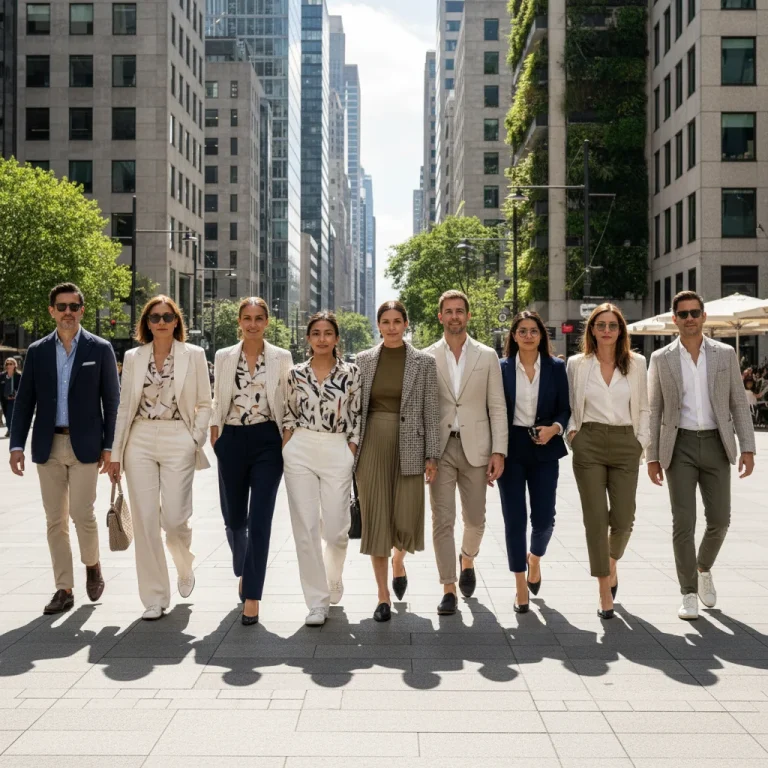 Stylish people in smart casual outfits walking in a modern US city street, embodying 2026 fashion trends.