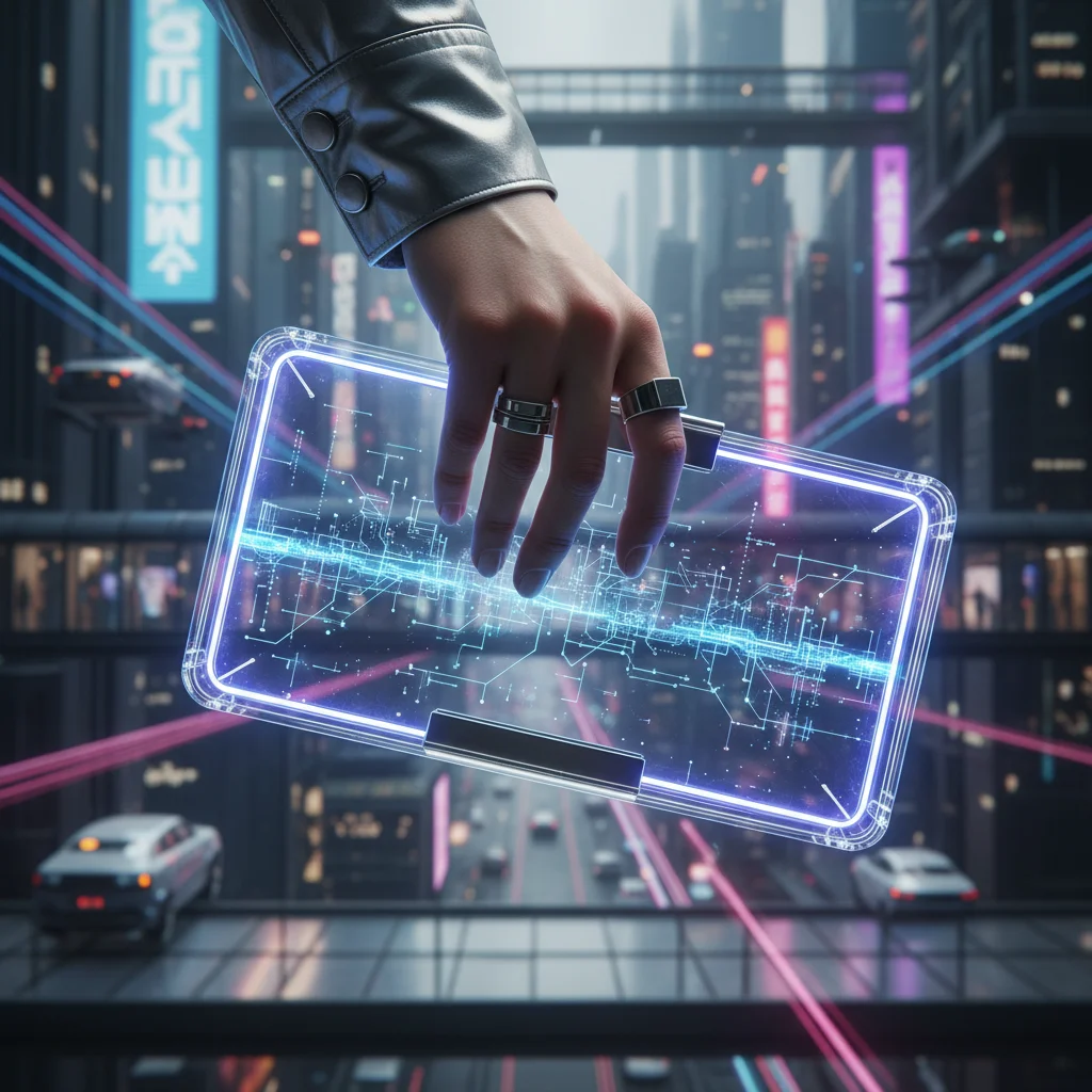 Person holding a transparent smart clutch bag with digital display, future tech fashion