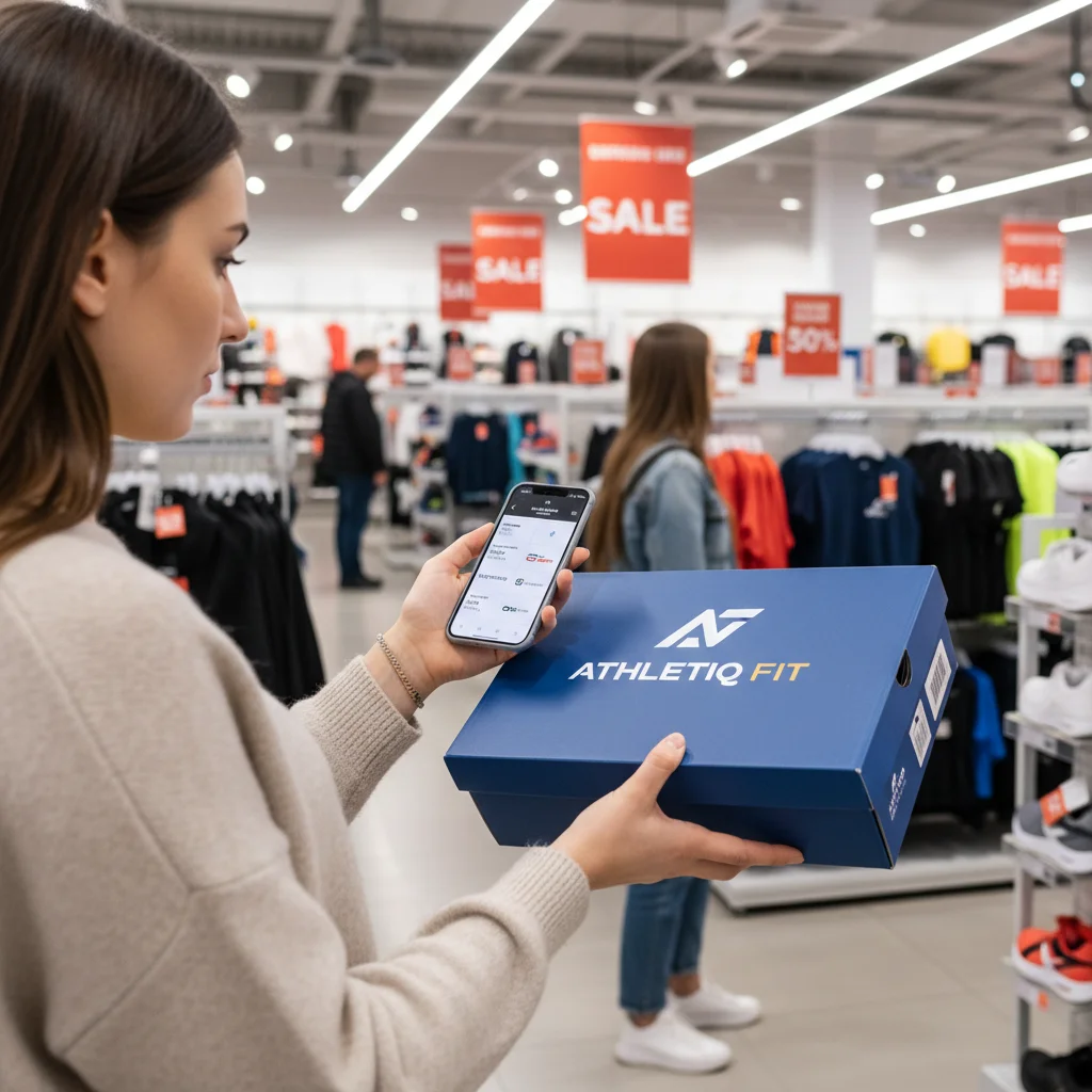 Shopper using a smartphone to compare prices at an outlet store, holding a branded item.