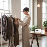Woman sorting pre-loved clothes for resale, funding 2026 style