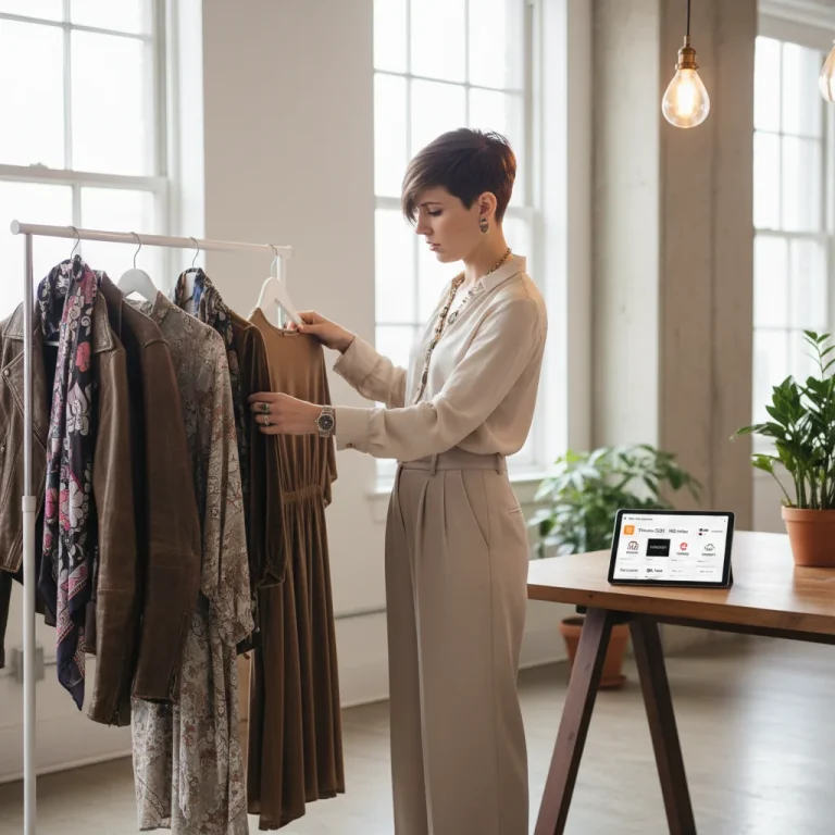 Woman sorting pre-loved clothes for resale, funding 2026 style