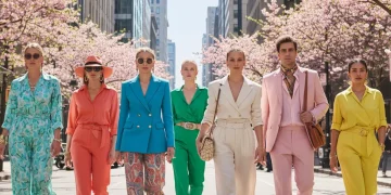 Diverse models showcasing Spring 2026 fashion trends on a city street.