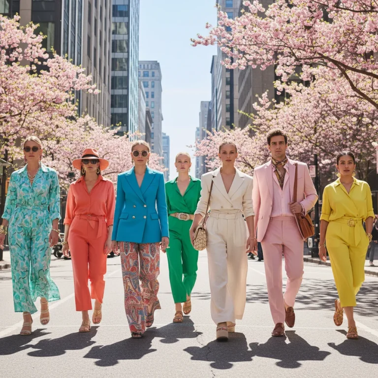Diverse models showcasing Spring 2026 fashion trends on a city street.