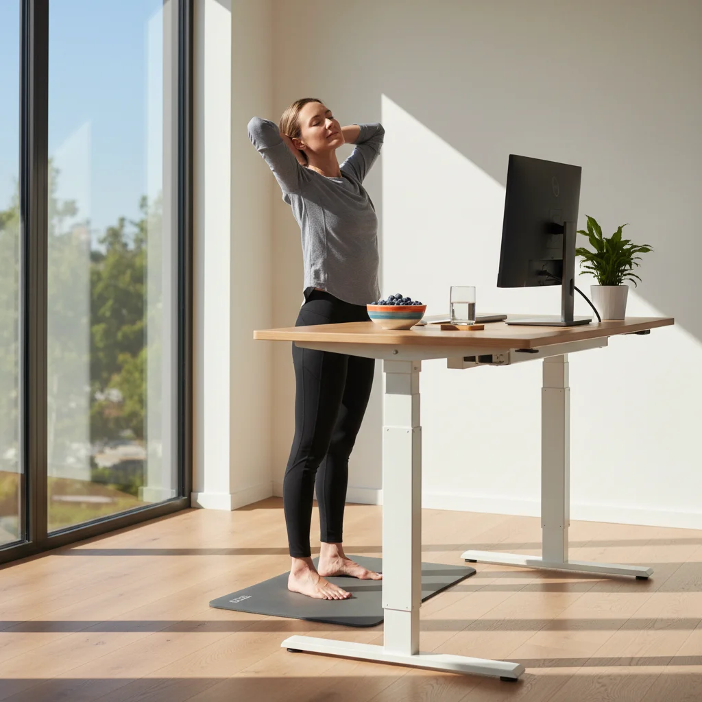 Person stretching at a standing desk, taking a movement break for improved circulation and focus