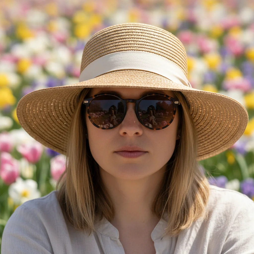 Elegant wide-brimmed straw hat and oversized sunglasses for spring fashion