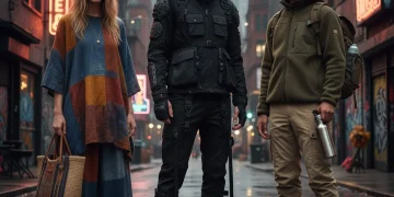 Diverse individuals displaying modern streetwear subgenres in an urban setting, highlighting Techwear, Gorpcore, and Sustainable Streetwear.