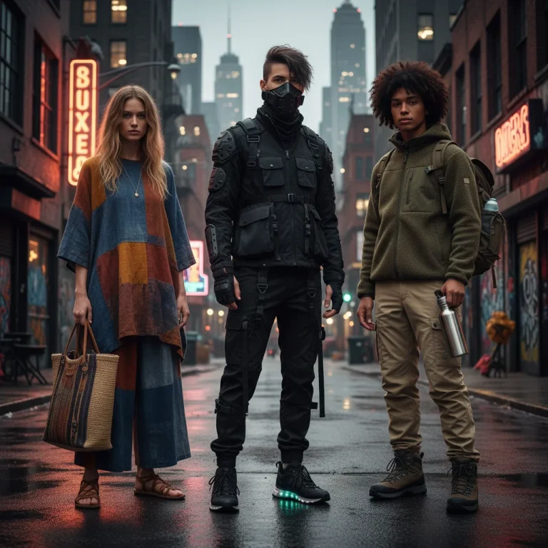 Diverse individuals displaying modern streetwear subgenres in an urban setting, highlighting Techwear, Gorpcore, and Sustainable Streetwear.