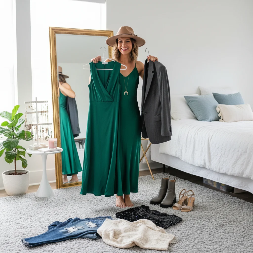 Person confidently trying on various outfits in front of a mirror, experimenting with different style choices.