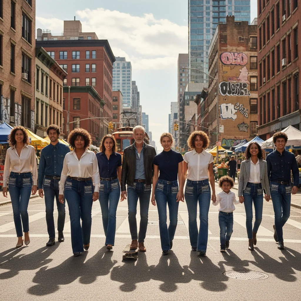 Diverse individuals wearing stylish, affordable denim jeans in an urban setting