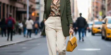 Woman in stylish, affordable designer-inspired outfit walking in city
