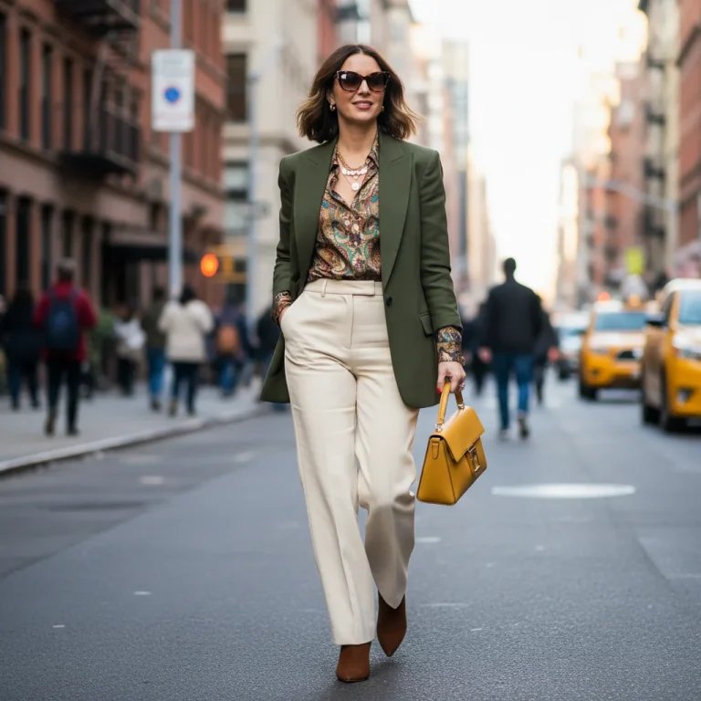 Woman in stylish, affordable designer-inspired outfit walking in city