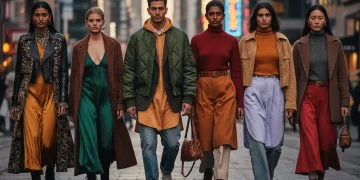 A group of fashion-forward individuals demonstrating stylish layering techniques in a city environment.