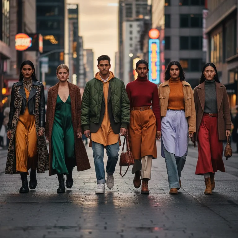 A group of fashion-forward individuals demonstrating stylish layering techniques in a city environment.