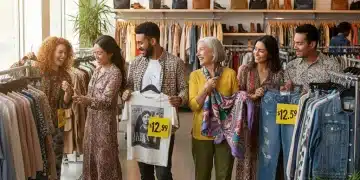People happily shopping for clothes in a well-organized, modern thrift store, showcasing affordable and stylish finds.