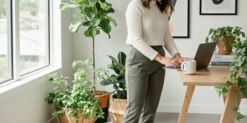 Stylish woman in comfortable work-from-home outfit in modern home office
