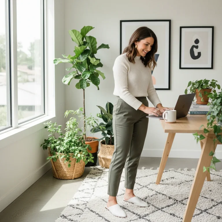 Stylish woman in comfortable work-from-home outfit in modern home office