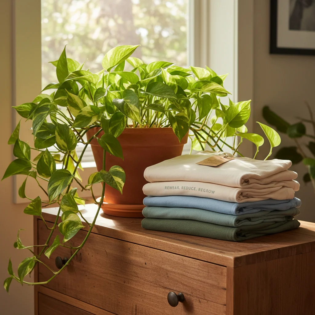 Freshly laundered clothes stacked next to a healthy green plant, representing sustainable fashion practices.