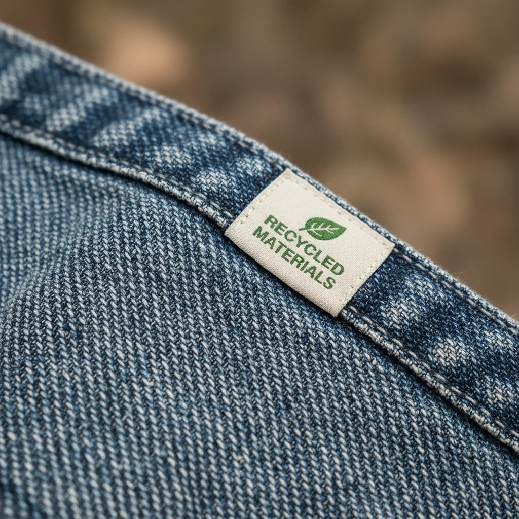 Close-up of sustainable recycled denim fabric with a modern finish.