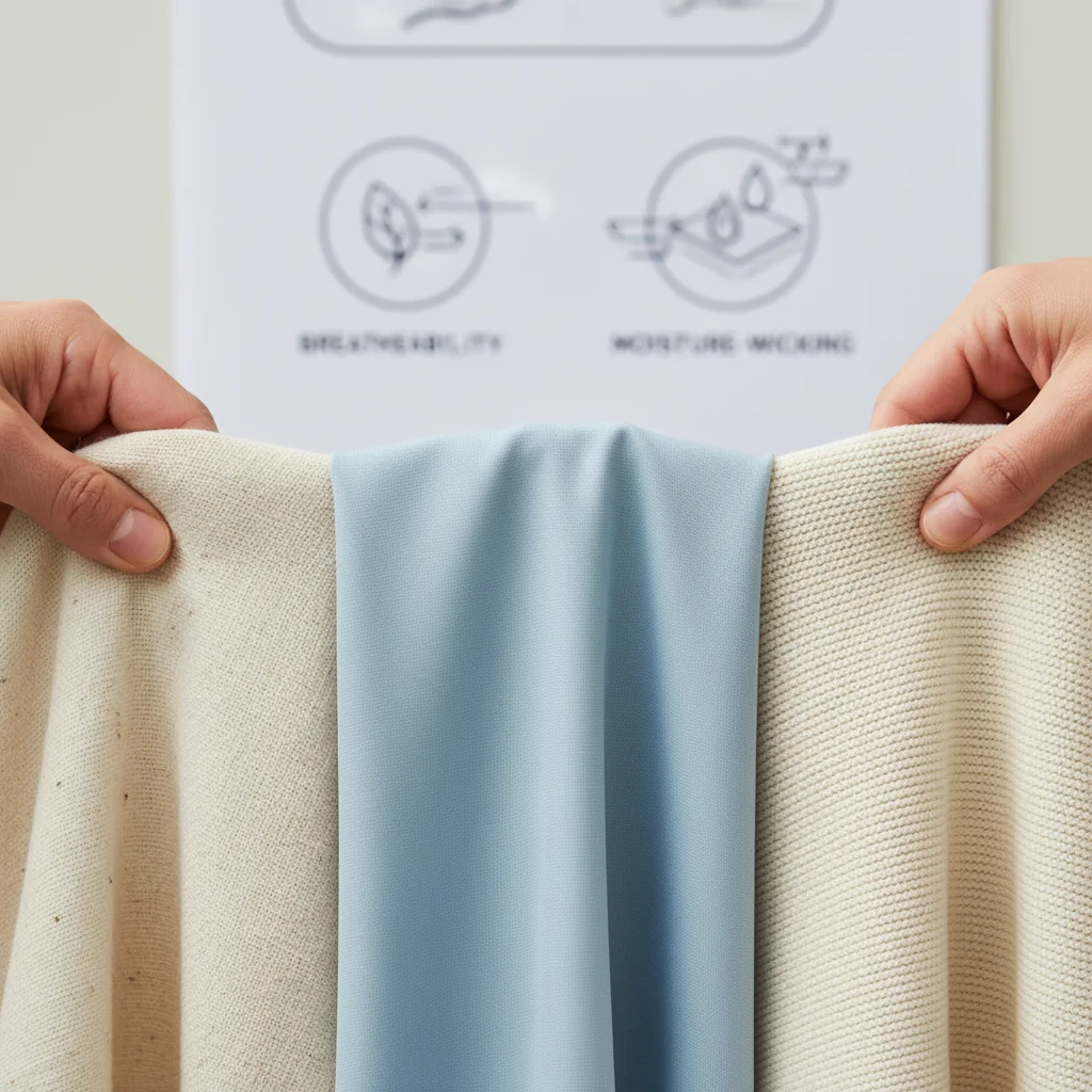 Hands examining swatches of sustainable fabrics like cotton, Tencel, and merino wool.