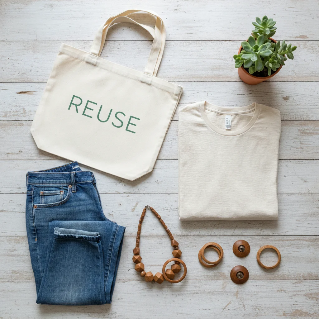 Flat lay of sustainable fashion items: organic cotton, recycled denim, eco-accessories.