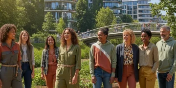 Diverse people in stylish sustainable fashion in a green urban setting