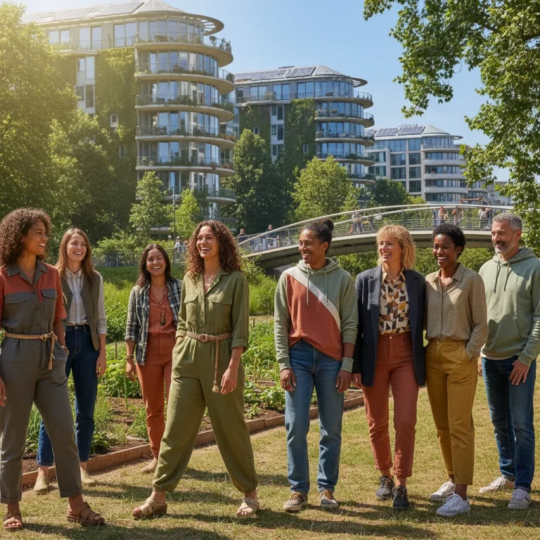 Diverse people in stylish sustainable fashion in a green urban setting