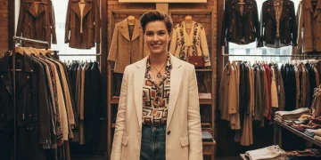 Woman happily shopping for sustainable fashion on a budget in a thrift store.