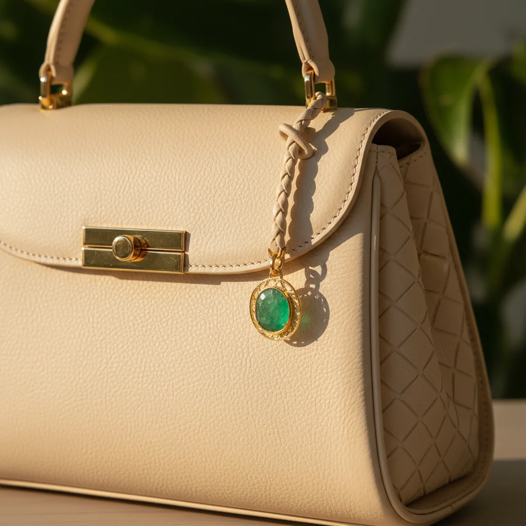 Sustainable luxury handbag with plant-based leather and gemstone charm, representing eco-conscious fashion.