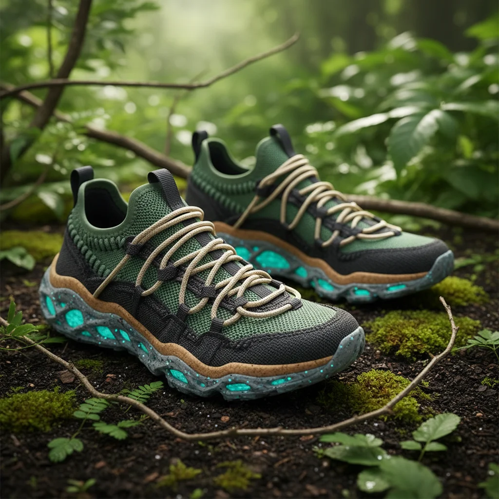 Sustainable high-tech sneakers with recycled materials and innovative lacing on an earthy background.