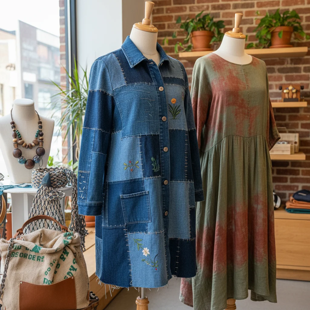 Sustainable and upcycled fashion items on mannequins, showcasing patchwork denim, organic cotton, and recycled accessories in an eco-conscious boutique.