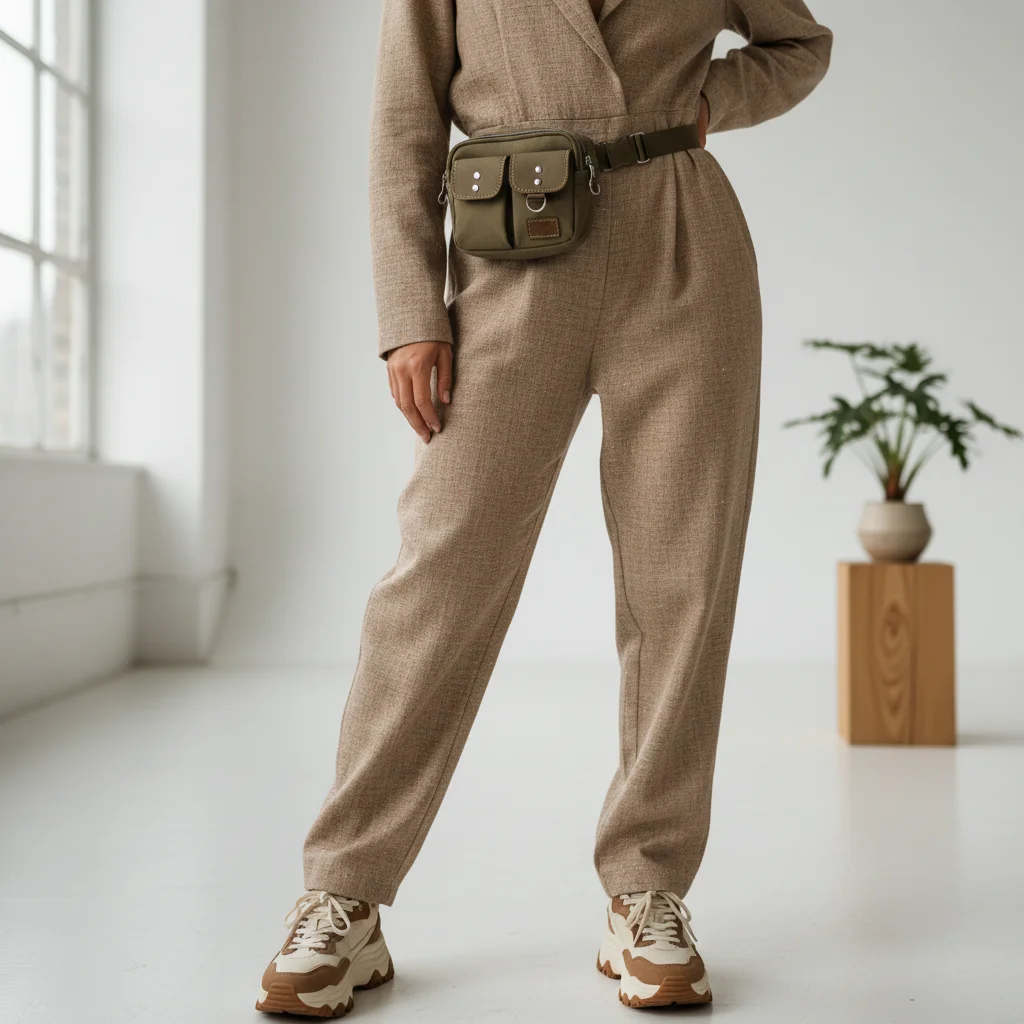 Micro-influencer modeling sustainable utility chic fashion with a recycled jumpsuit and practical accessories.