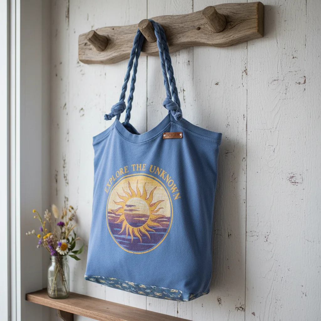 Handmade tote bag crafted from a repurposed old t-shirt, showcasing upcycling